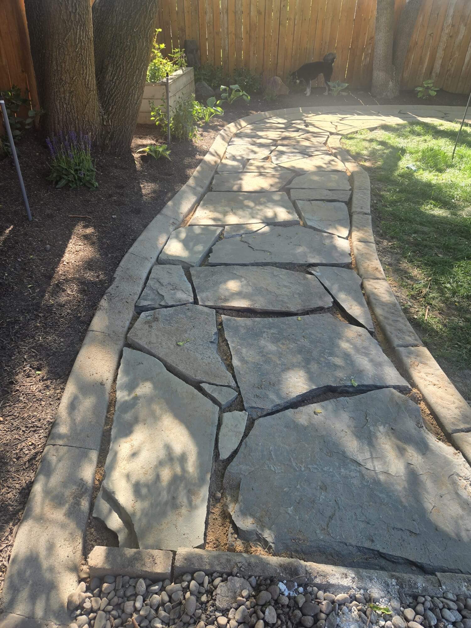 Water-wise Utah landscape with a flagstone path and mulched beds
